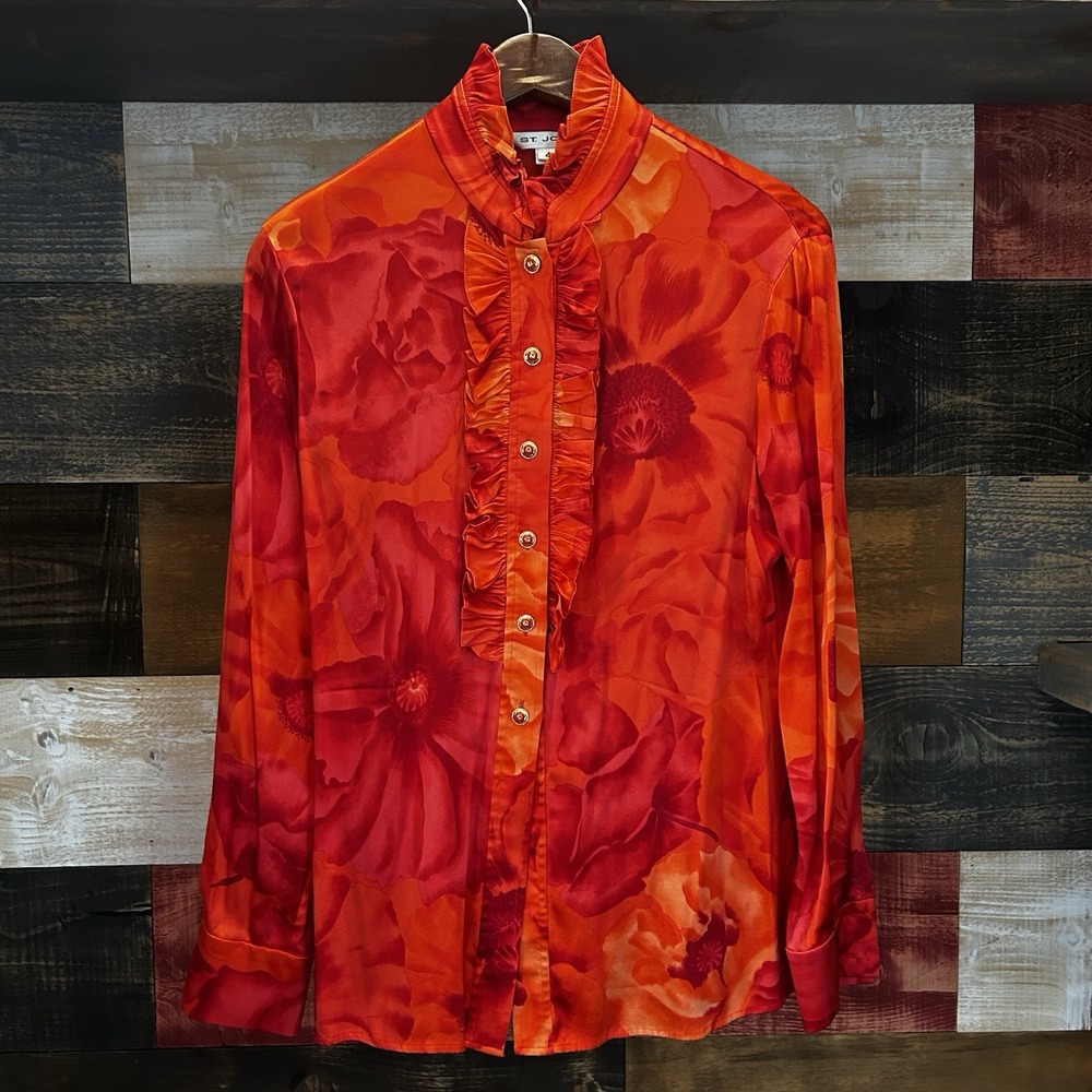 St John Women's Silk Blouse Red Gold Button Size 4 Vintage